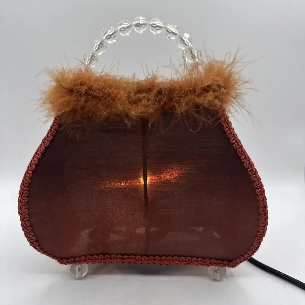 Purse Accent Lamp Shabby Chic Brown Fabric Beaded Handle Feather Boho 10.5 Tall